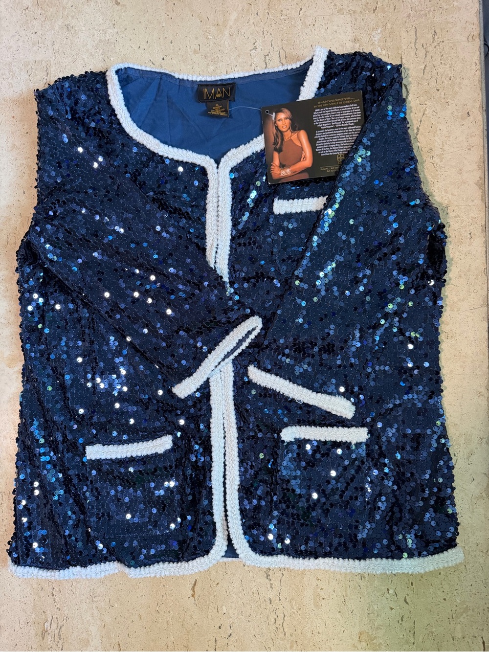 IMAN Blue Metallic Sequin Blazer Jacket White Trim Size XL